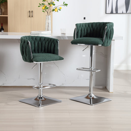 Elegance - Set of 2 - 25" Adjustable Vintage Swivel Bar Stools with Backrest and Footrest, Emerald Bouclé Upholstery