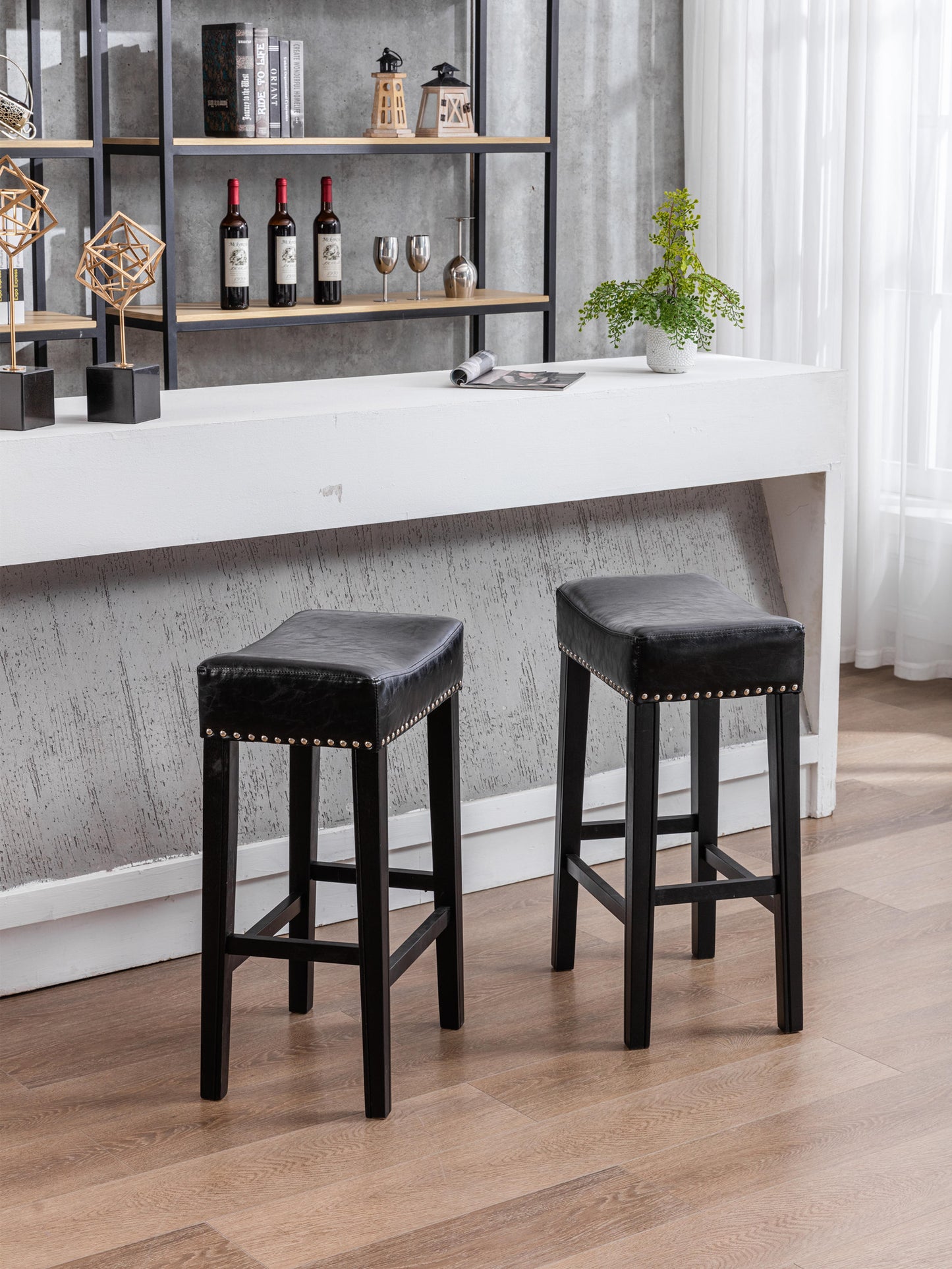 Hazelwood - Set of 2 - 29" Black Faux Leather Counter Height Stools - Backless Farmhouse Design - Comfortable Bar Chairs for Kitchen