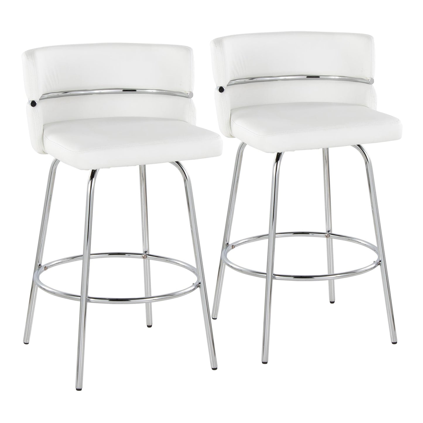 Landon - Set of 2 - 26" White Swivel Counter Stools, Chrome Metal & Faux Leather