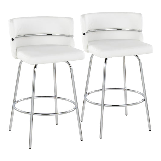 Landon - Set of 2 - 26" White Swivel Counter Stools, Chrome Metal & Faux Leather