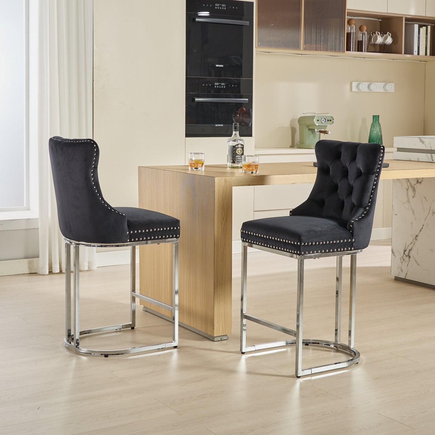 Vitra - Set of 2 - 24" Black Velvet Counter Stools - Button Back, Rivet Trim, Upholstered with Chromed Metal Base