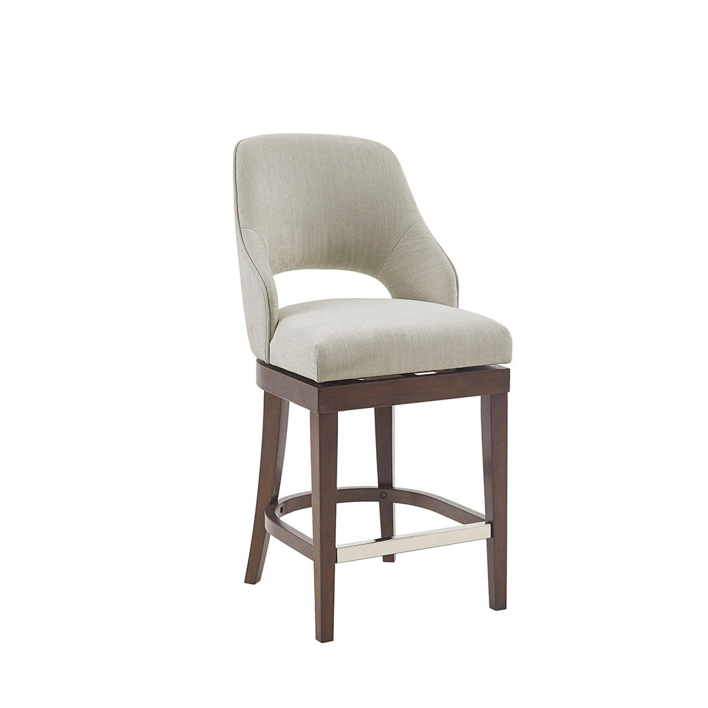 Jillian - Set of 2 - 24" Cream Upholstered Swivel Counter Stool with Open Back Design, Solid Wood Legs, Dark Brown Finish, and Metal Kickplate Footrest