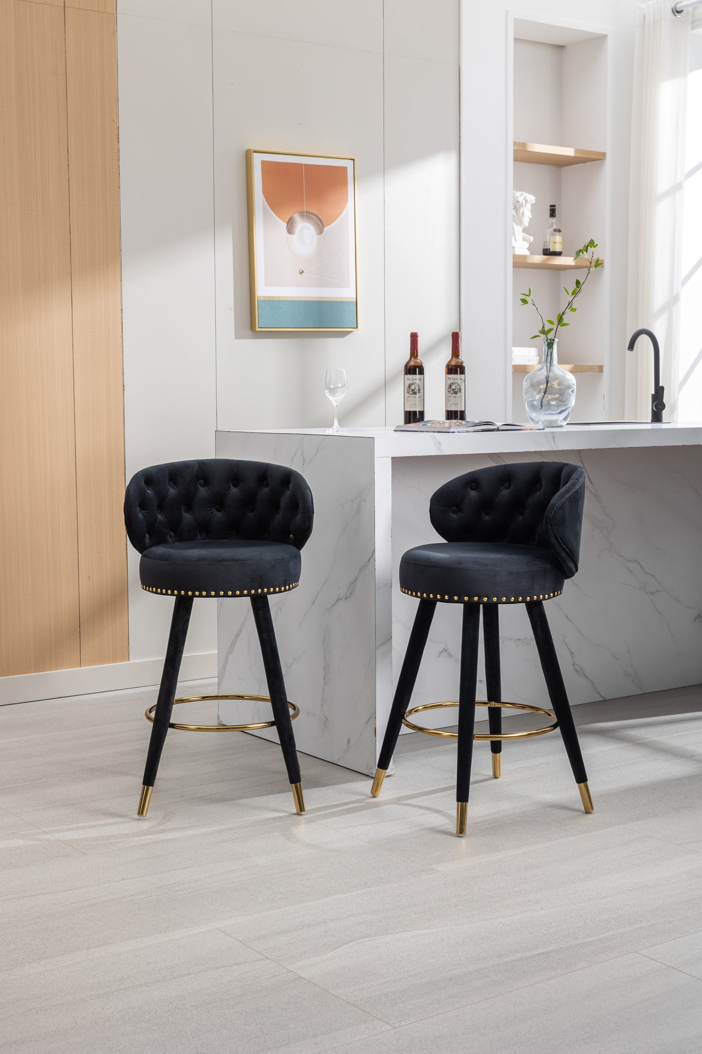 Lathenor - Set of 2 - 26" Black Velvet Counter Height Bar Stools with Solid Wood Legs, Fixed Height, and 360° Swivel for Kitchen or Bar Seating