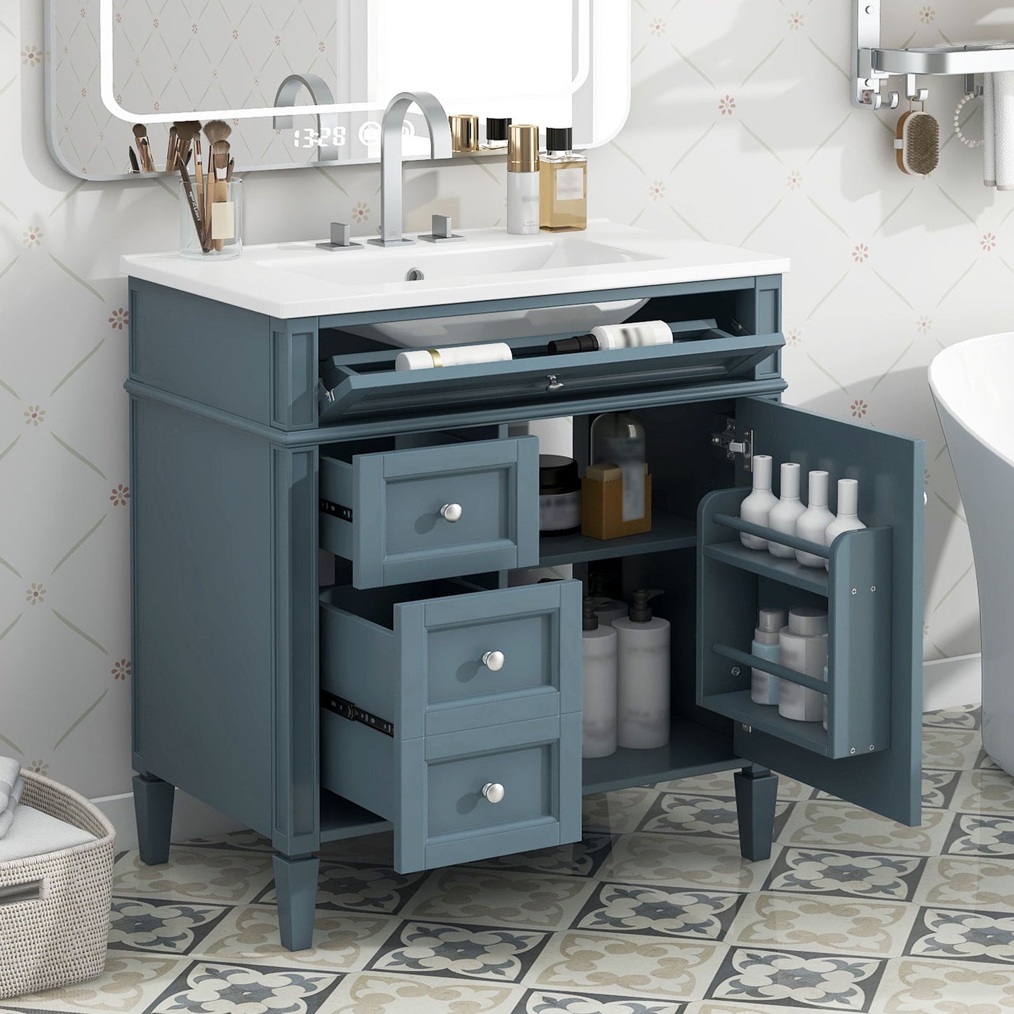 Bathroom Vanity With Top Sink, Storage Cabinet With 2 Drawers And Tip Out Drawer, Rectangular Design - Indigo Blue