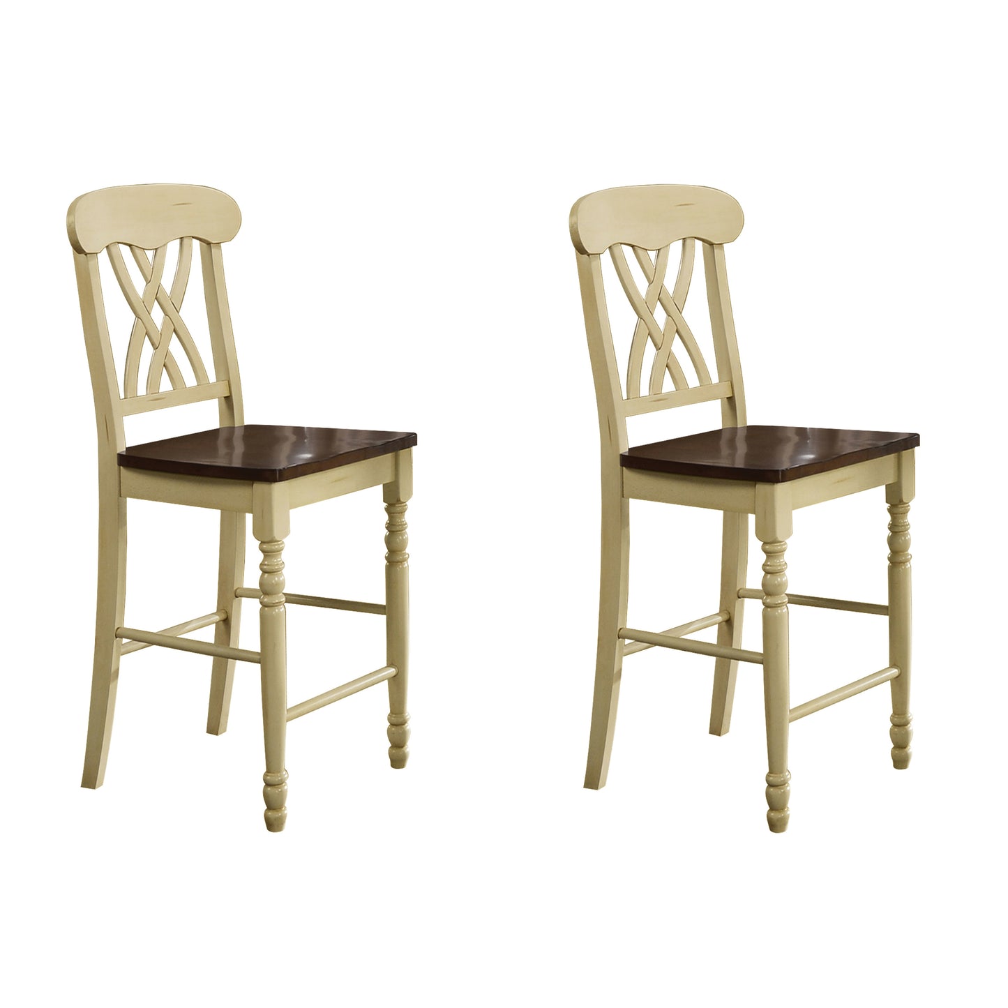 Forestdale - Set of 2 - 29" Buttermilk & Oak Cross Back Counter Height Stools with Scooped Seat and Rubberwood Frame for Dining Room