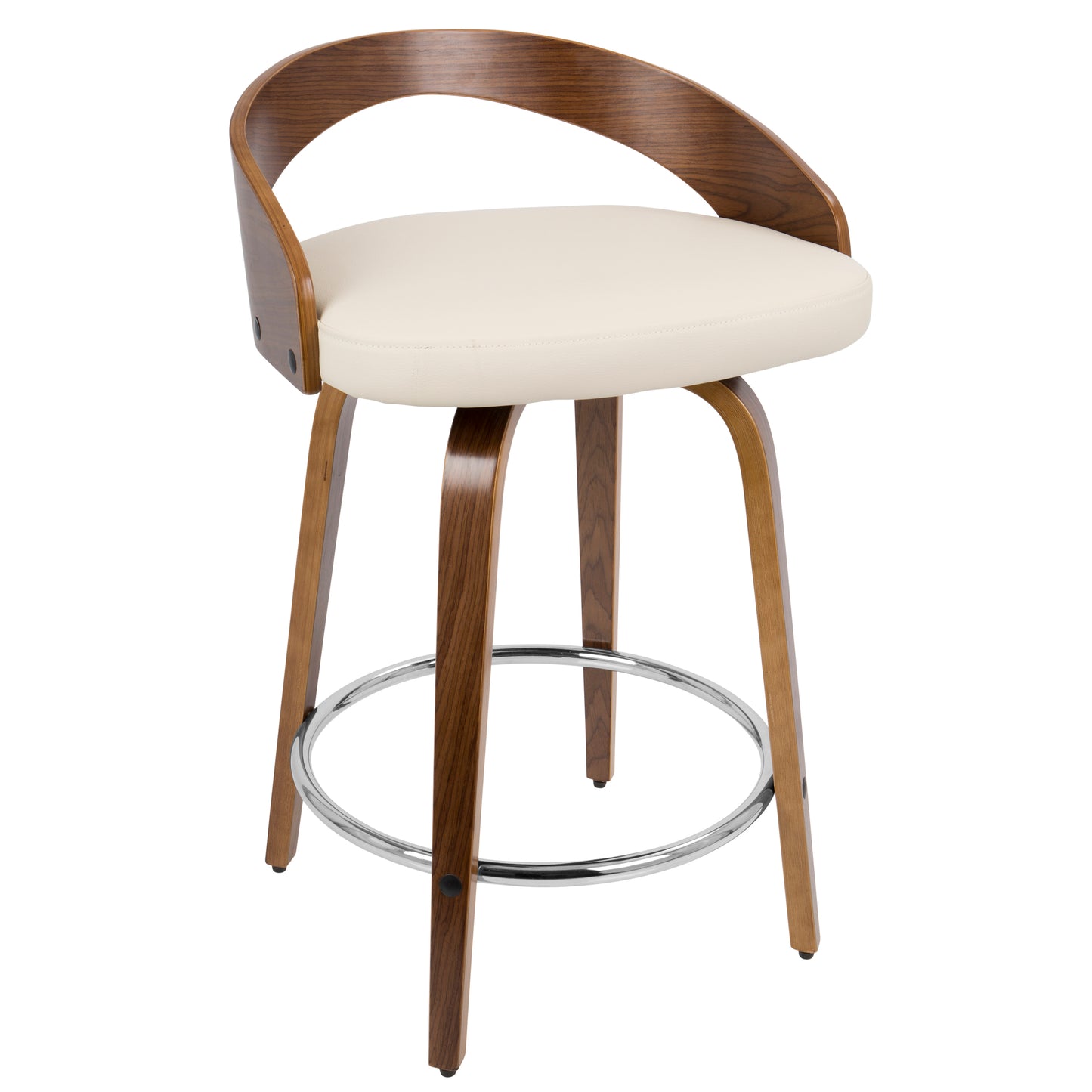 Gunner - Set of 2 - 30" Walnut Wood Mid-Century Modern Swivel Counter Stools with Cream Faux Leather