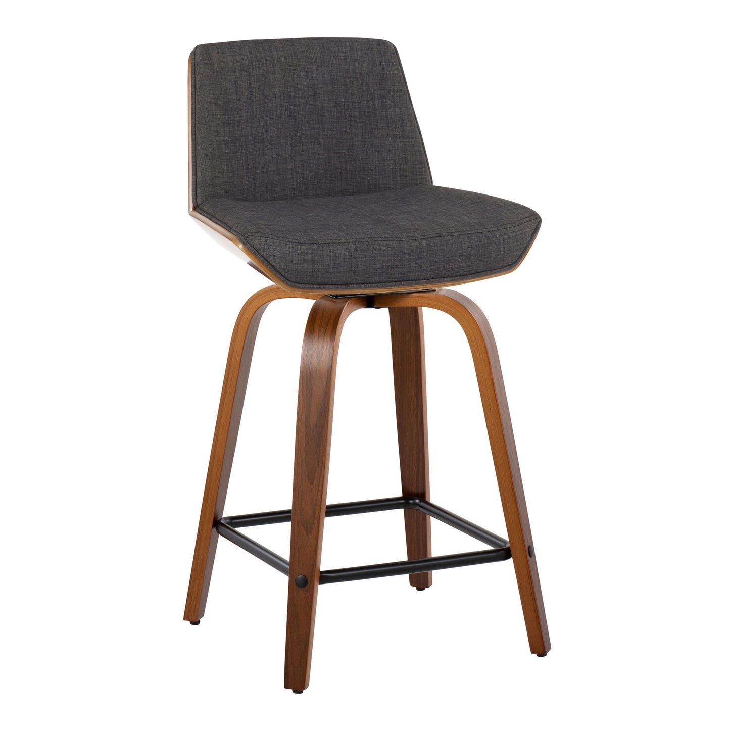 Corvina - Set of 2 - 24" Mid-Century Modern Charcoal Fabric Counter Stools with Walnut Wood Swivel Base and Black Metal Footrest