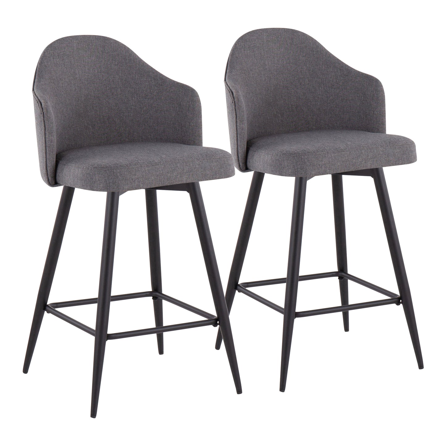 Amarae - Set of 2 - 26" Fixed-Height Counter Stools with Grey Fabric Seat, Black Metal Legs, and Square Footrest