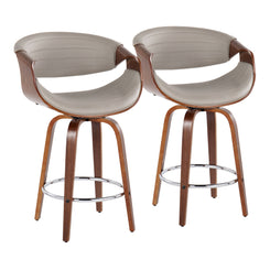 Syler - Set of 2 - 26" Mid-Century Modern Counter Stools with Swivel – Walnut Wood & Grey Faux Leather