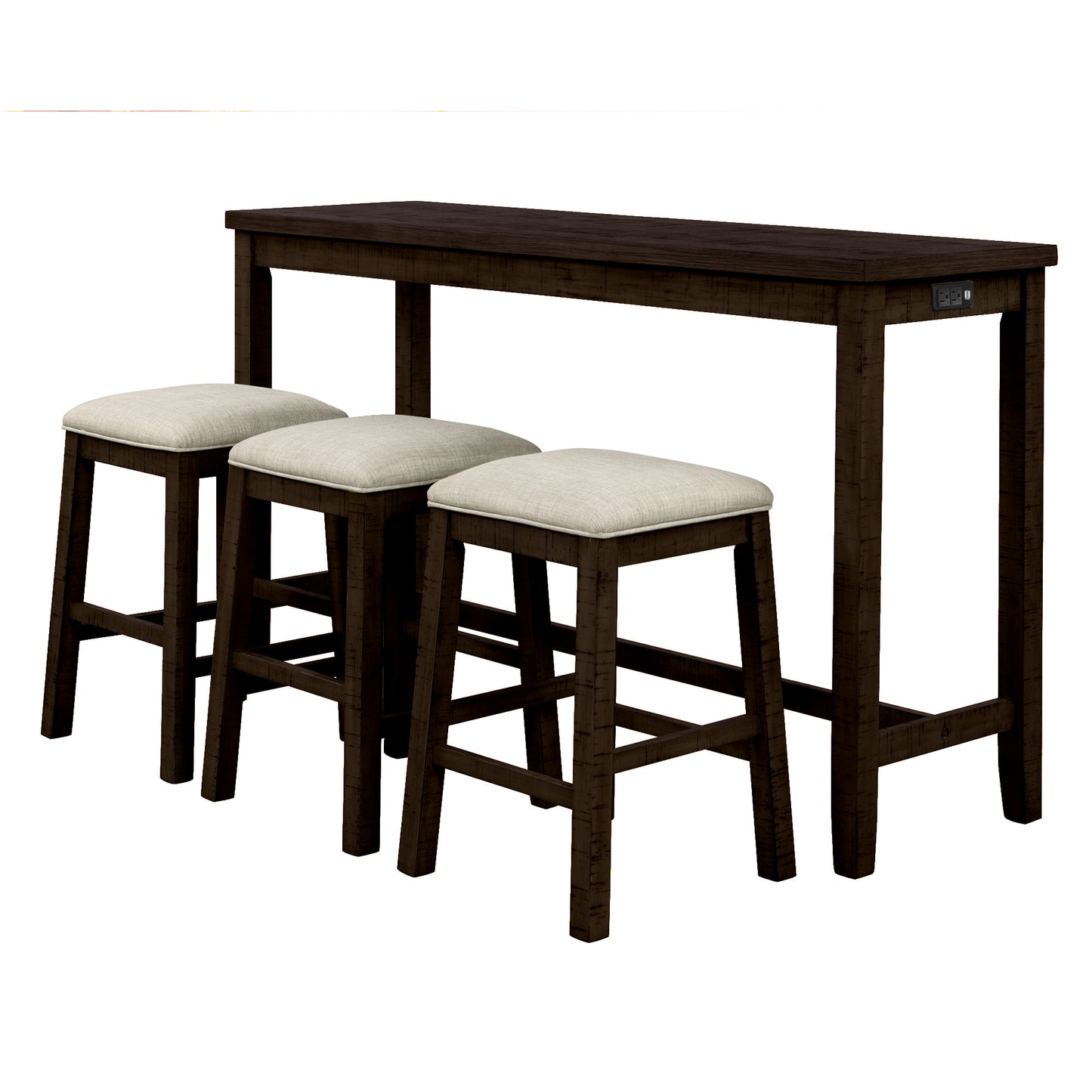 Tennyson - 4-Piece 30" Rustic Brown Counter Height Table with Fabric Padded Stools and Socket