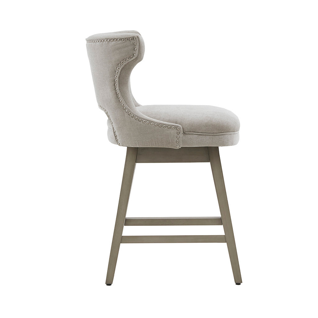 Myravin – Set of 2 – 25.75" Light Grey Swivel Counter Stool with Nailhead Detailing