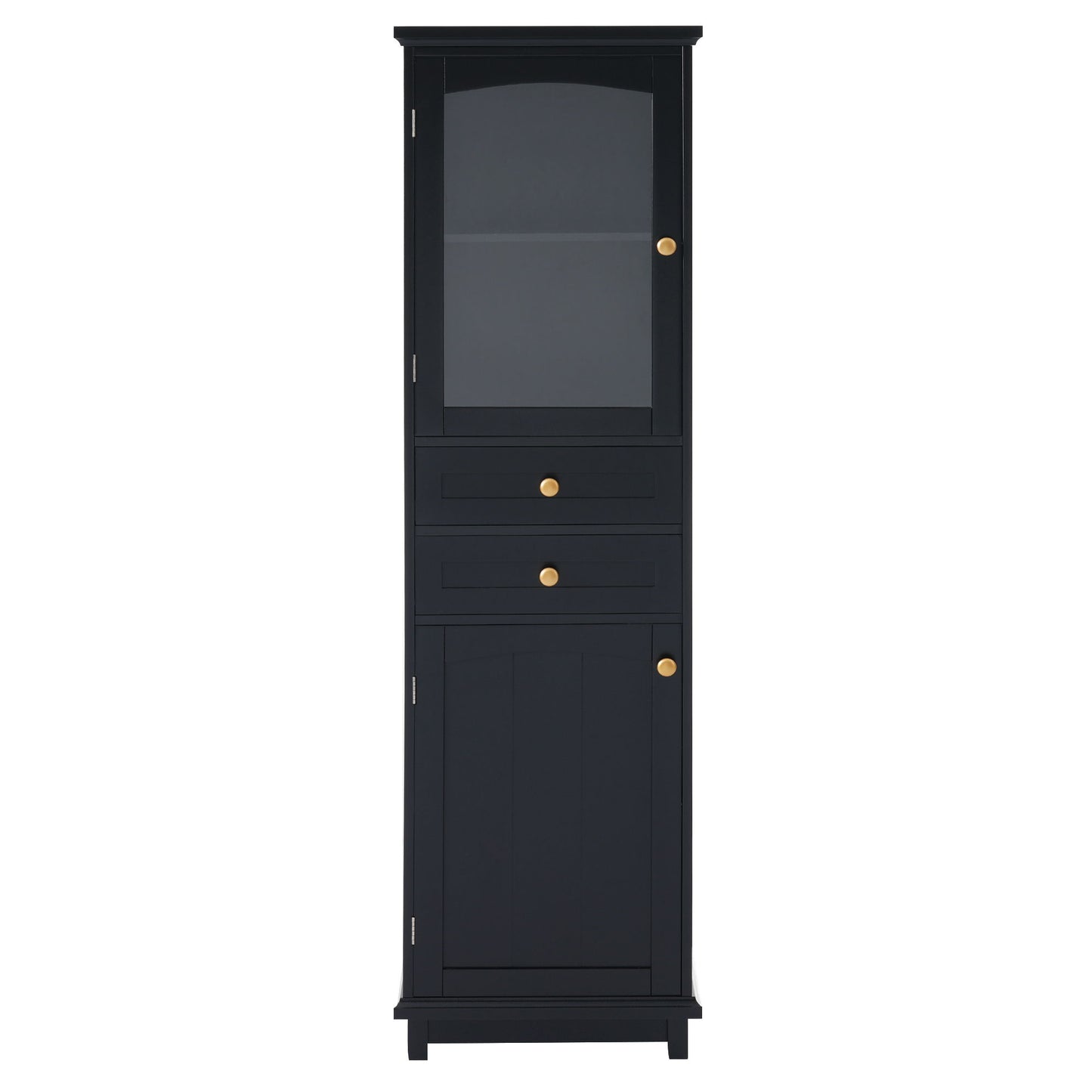 Tall Bathroom Storage Cabinet With Glass Doors, Free-Standing, Two Drawers, And Adjustable Shelves, Board, Painted Perfect For Displaying Your Favorite Items