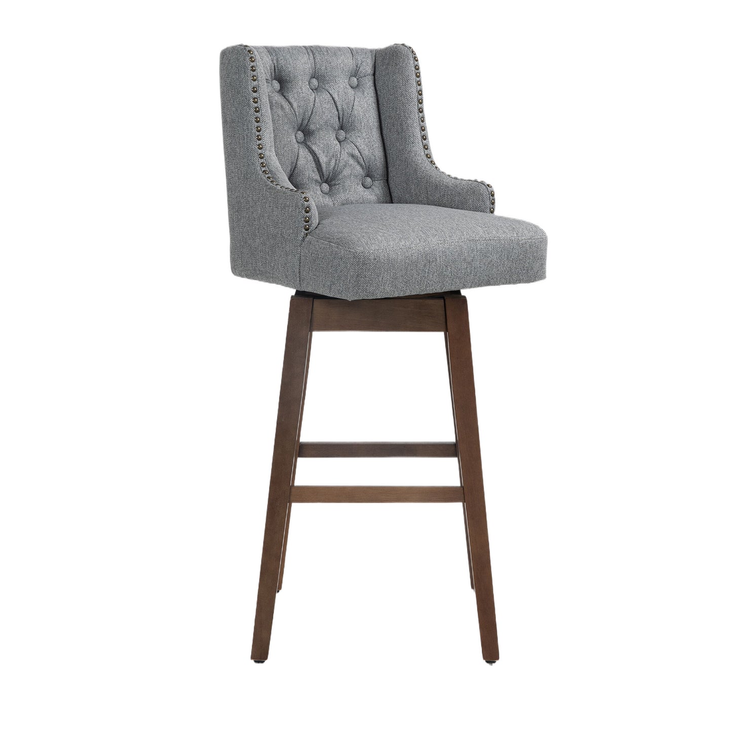 Eric - Set of 2 - 30" Gray Linen Swivel Bar Stools with Button-Tufted Backrest, Solid Wood Legs, Seat Height