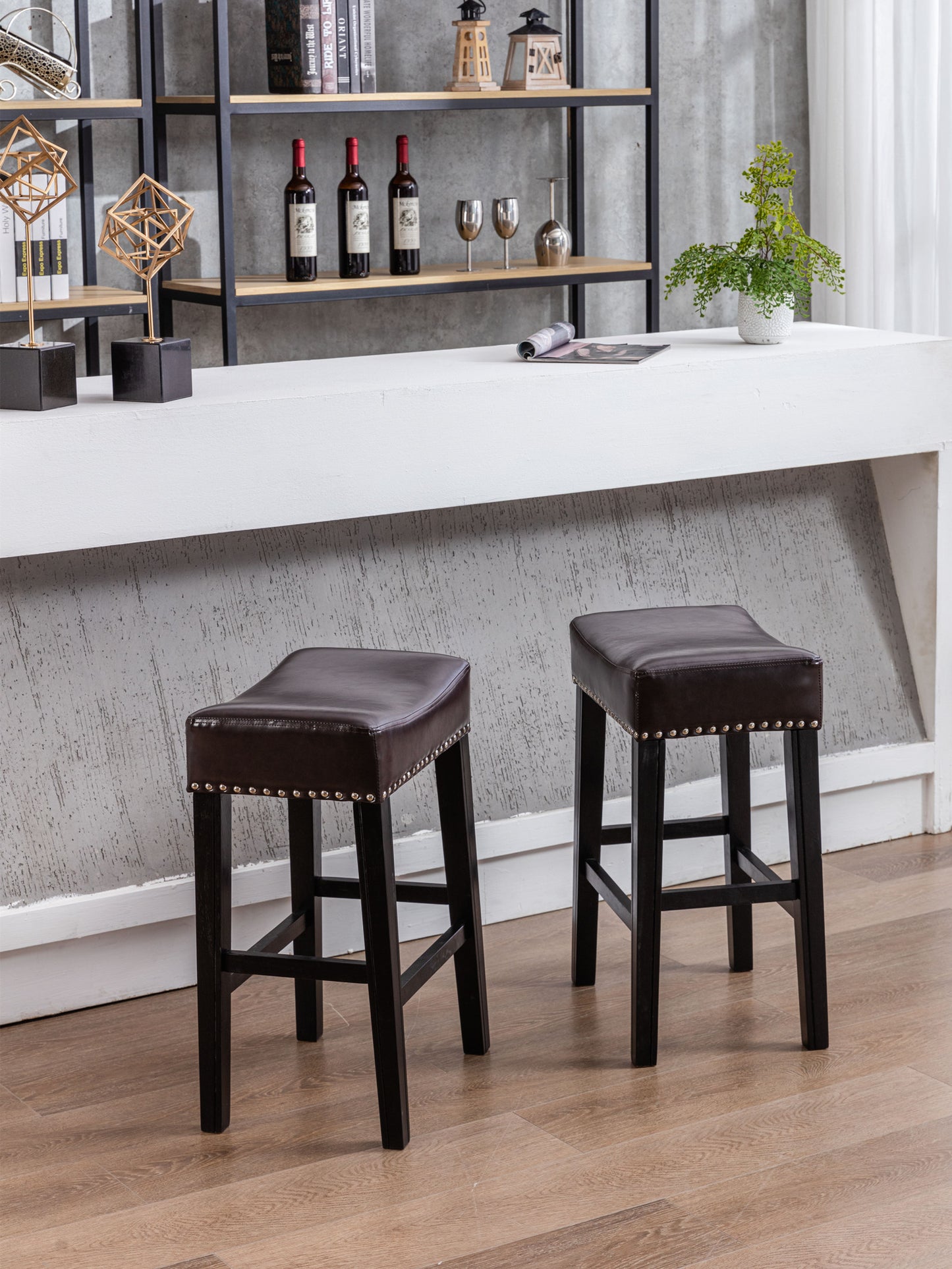 Hamiltonian - Set of 2 - 26" Counter Height Bar Stools - Backless Brown Faux Leather Farmhouse Kitchen Island Chairs