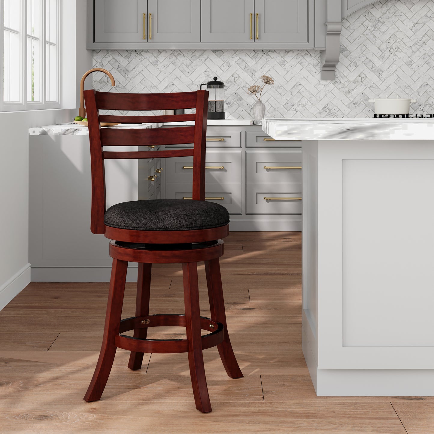 Savoy - Set of 2 - 24" Counter Height Swivel Stools in Cherry Finish with Charcoal Upholstered Seat