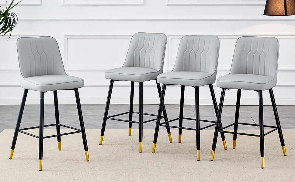 Hamilton - Set of 2 - 29" Light Gray PU Bar Stools with Gold-Decorated Black Metal Legs and Footrest