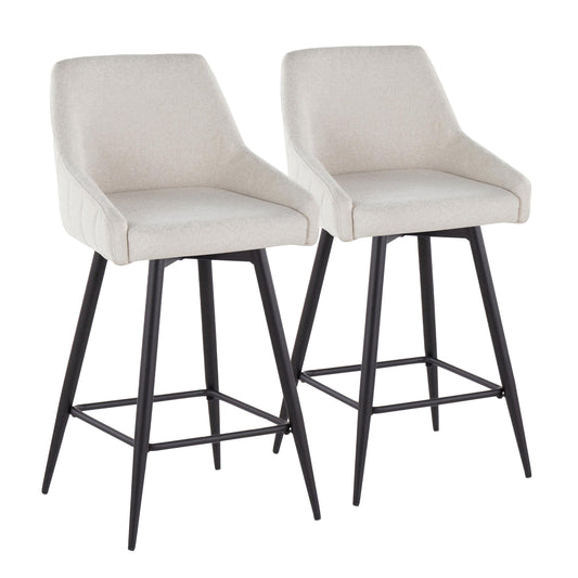 Llis - Set of 2 - 26" Transitional Fixed-Height Counter Stools with Swivel, Black Metal Frame & Cream Upholstered Seats