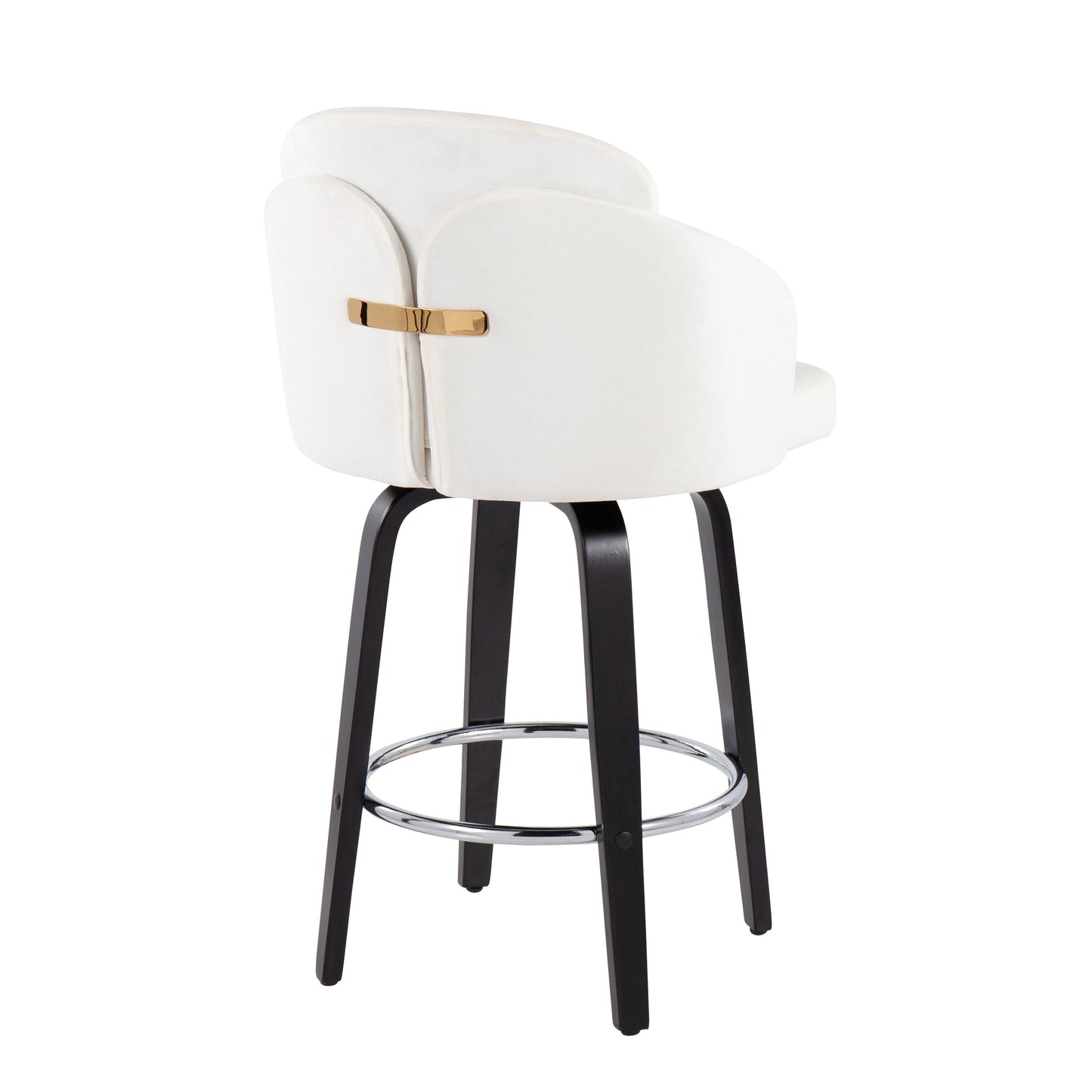 Daelon- Set of 2 - 21" Black Wood & Cream Velvet Counter Stools with Gold Accents and Chrome Footrest