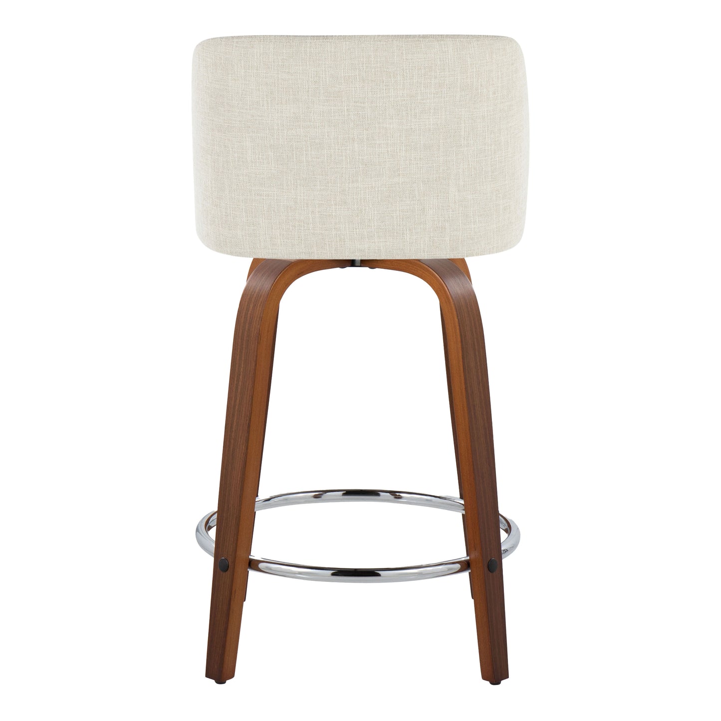 StratosBlend - Set of 2 - 24" Mid-Century Modern Swivel Counter Stools with Cream Fabric Upholstery, Walnut Wood, Chrome Footrest, and Fixed Height