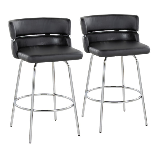 Caden - Set of 2 - 26" Black Swivel Counter Stools, Chrome Metal & Faux Leather