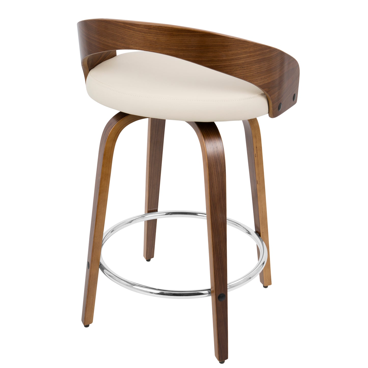 Gunner - Set of 2 - 30" Walnut Wood Mid-Century Modern Swivel Counter Stools with Cream Faux Leather