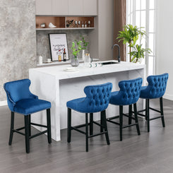 Milborah - Set of 2 - 29" Blue Velvet Wing-Back Bar Stools with Button-Tufted Design and Chrome Nailhead Trim