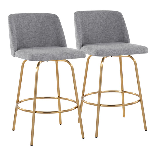 Tarenk - Set of 2 - 24" Grey Noise Fabric Swivel Counter Stools with Natural Wood and Chrome Footrest