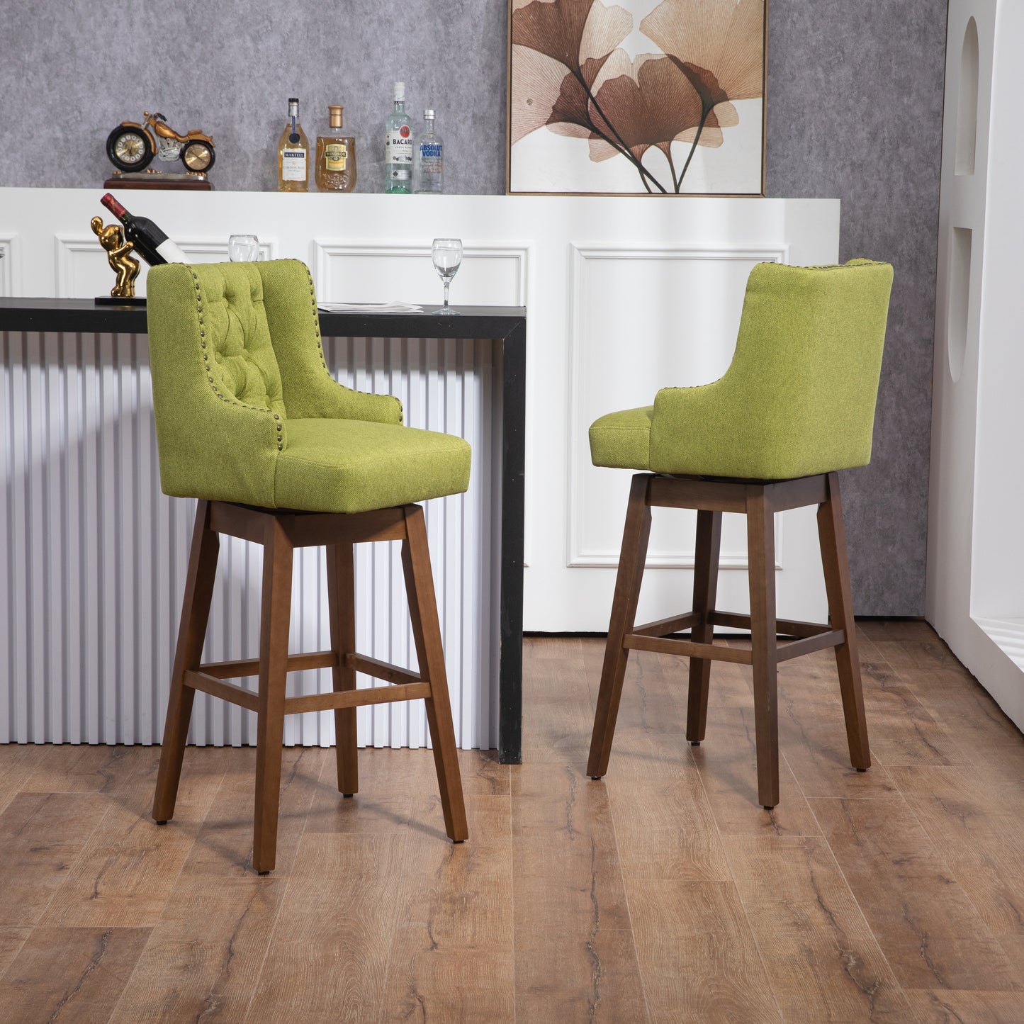 Everton - Set of 2 - 29" Olive Linen Swivel Counter Height Bar Stools with Solid Wood Frame, High Back, and 360° Rotation for Kitchen & Dining Room