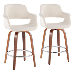 Lustra - Set of 2 - 26" Cream Counter Stools 26" Seat – Walnut Wood Frame with Chrome Footrest