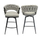 Malor - Set of 2 - 39" Grey Woven Linen Bar Stools with 360° Swivel Seat, Padded Backrest, Footrest, and Black Metal Legs