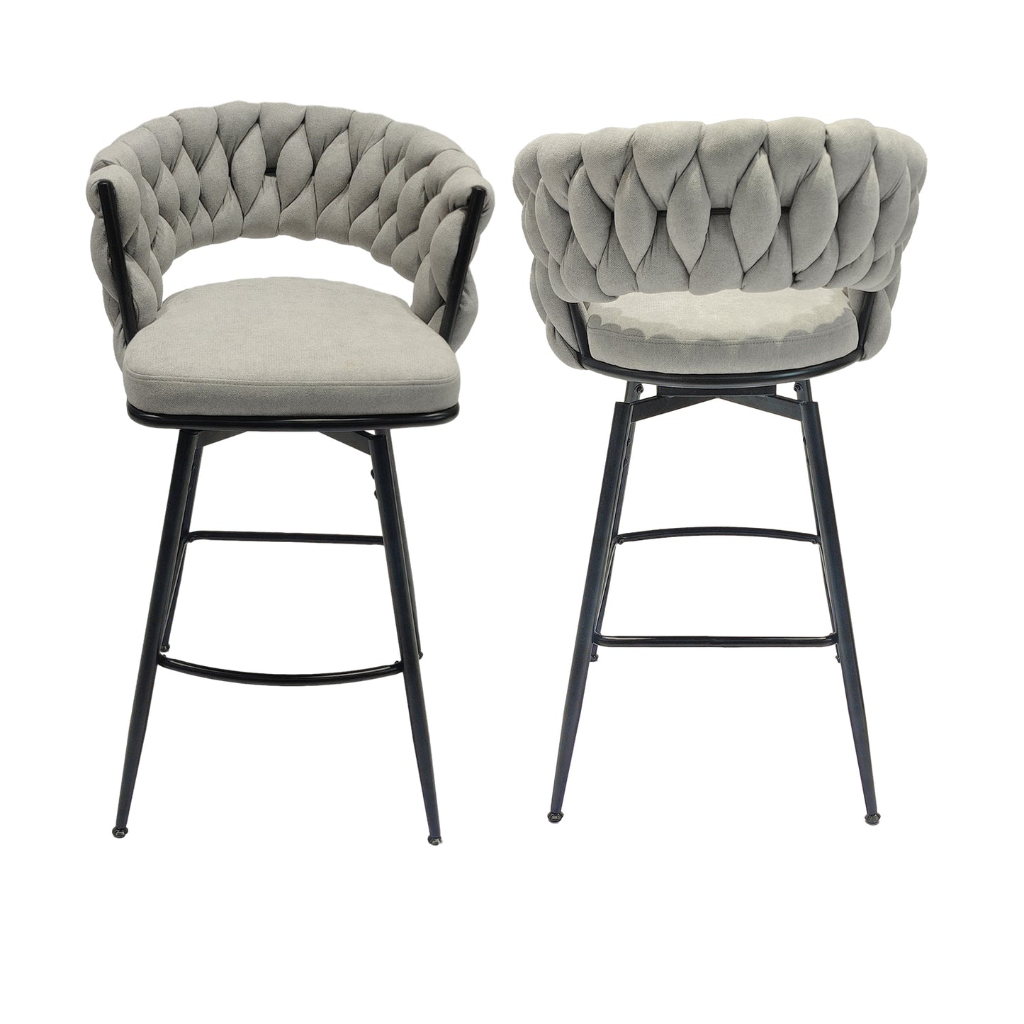 Malor - Set of 2 - 39" Grey Woven Linen Bar Stools with 360° Swivel Seat, Padded Backrest, Footrest, and Black Metal Legs