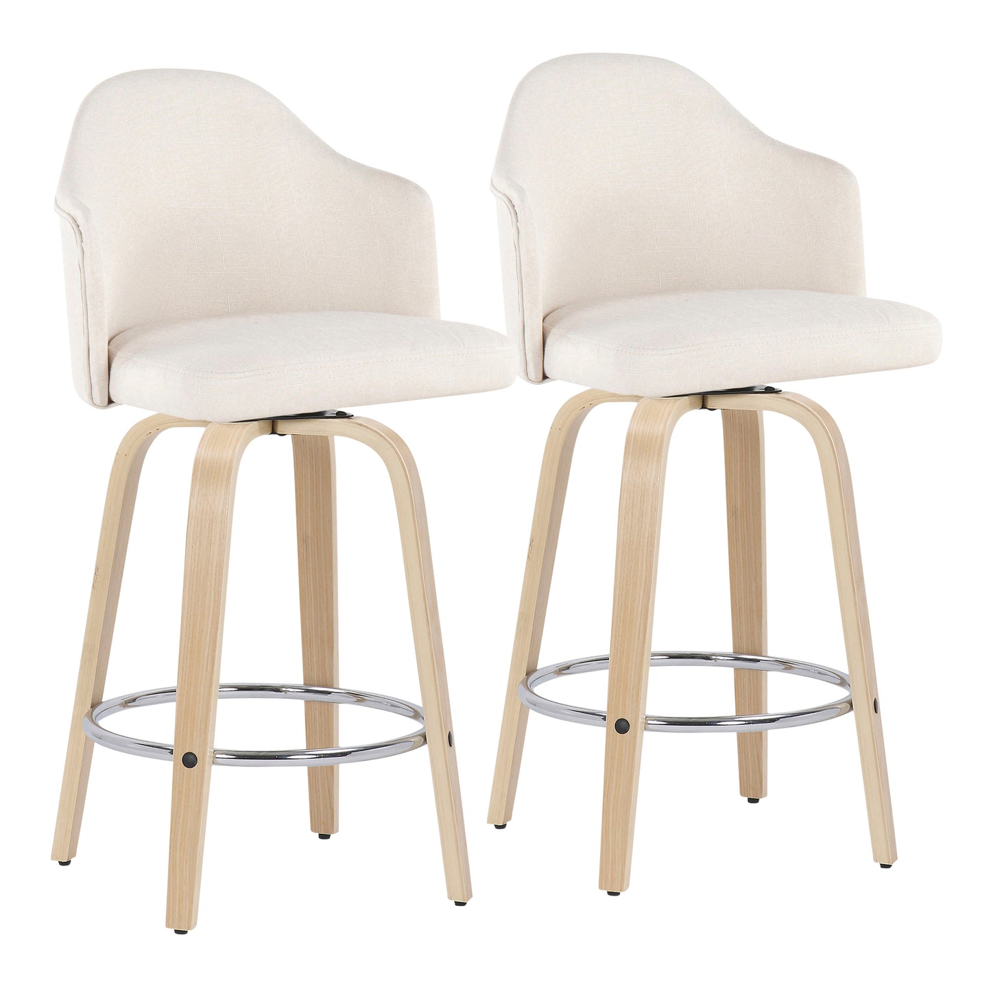 Cadeno - Set of 2 - 26" Mid-Century Modern Counter Stools with Cream Fabric, Natural Wood Legs, and Chrome Footrest