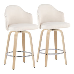 Cadeno - Set of 2 - 26" Mid-Century Modern Counter Stools with Cream Fabric, Natural Wood Legs, and Chrome Footrest