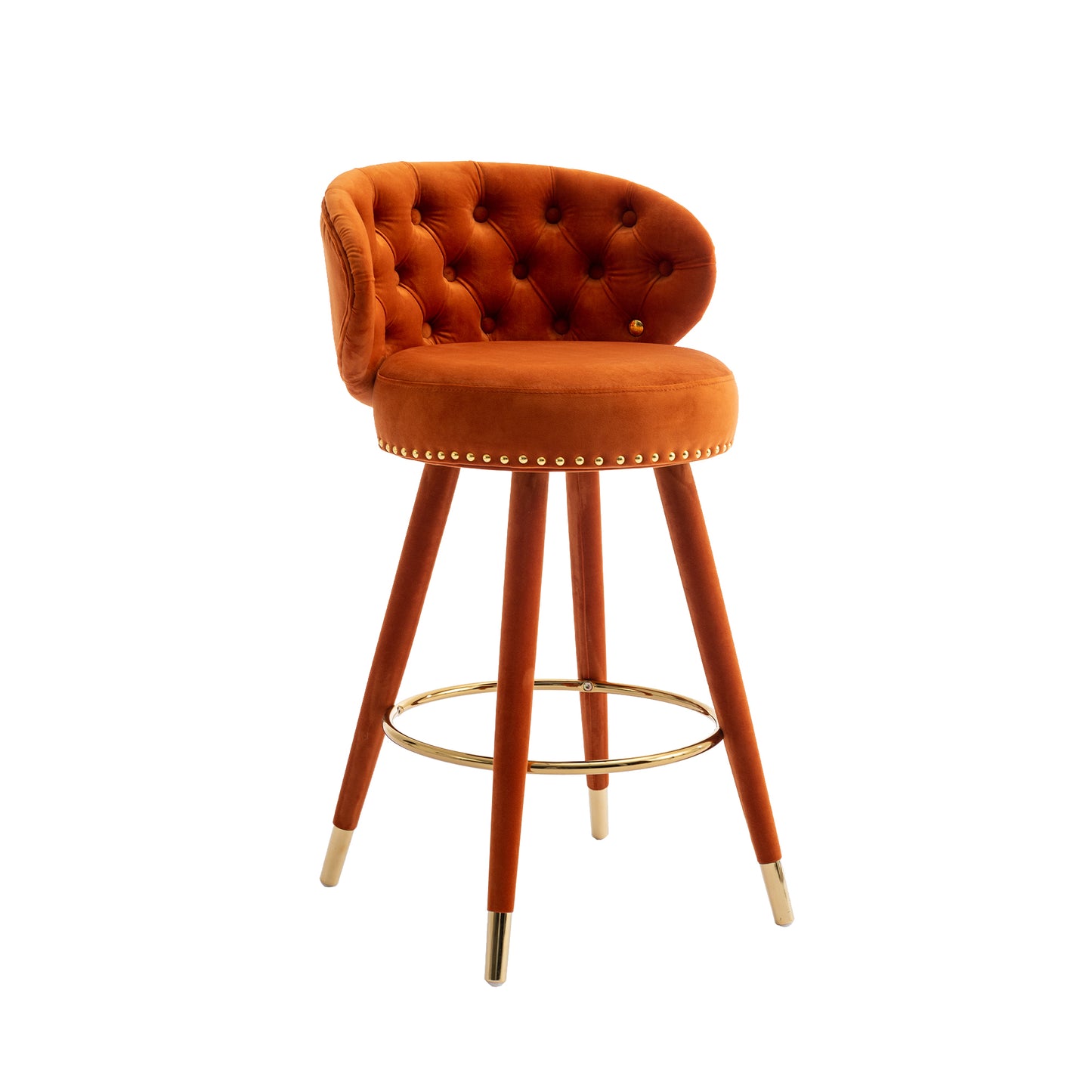 Miple - Set of 2 - 28" Orange Velvet Swivel Counter Height Bar Stools with Backrest, Footrest, and Solid Wood Legs, Retro Style