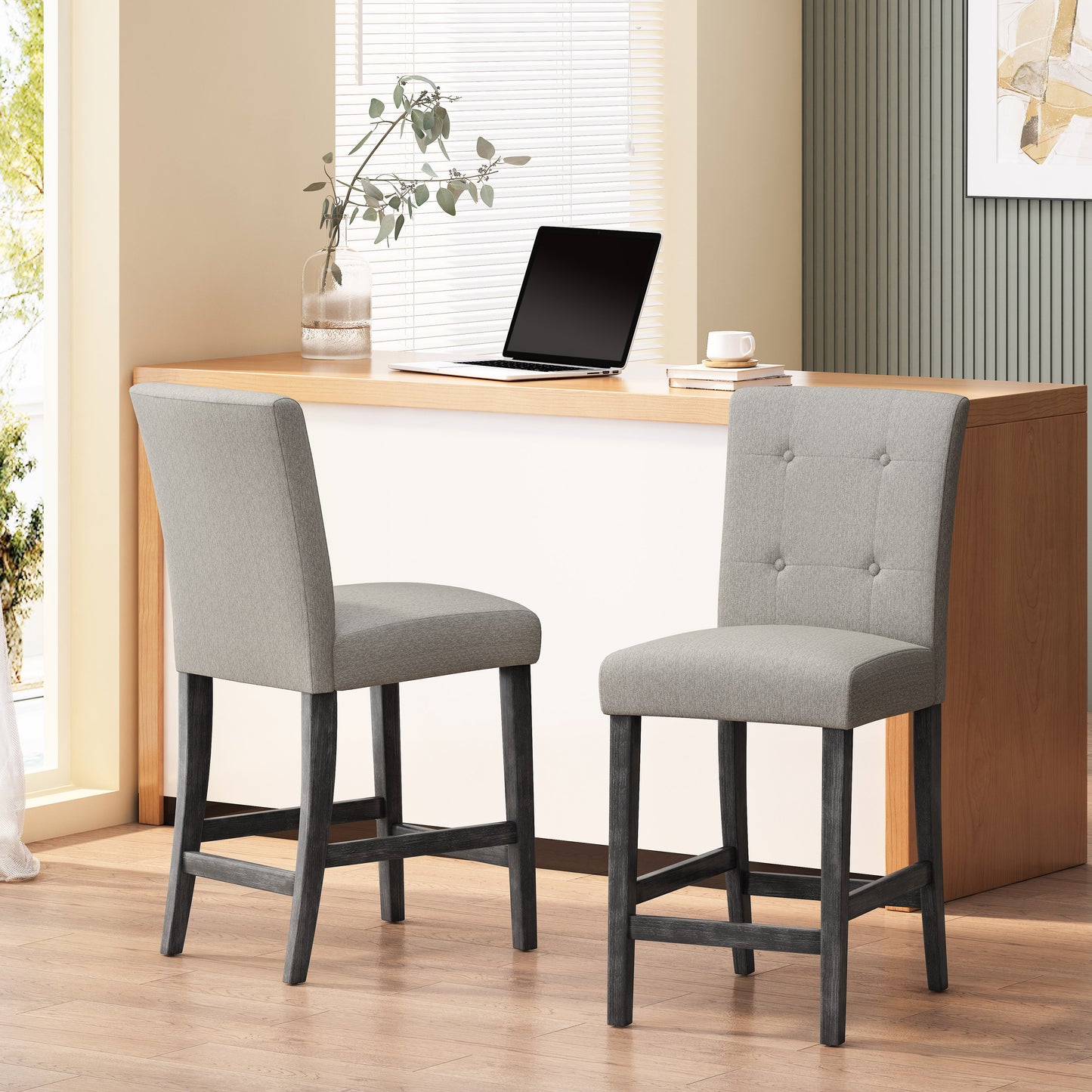 Havenbrook - Set of 2 - 26" Light Grey Contemporary Fabric Button Tufted Counter Stools with High Back and Wood Frame