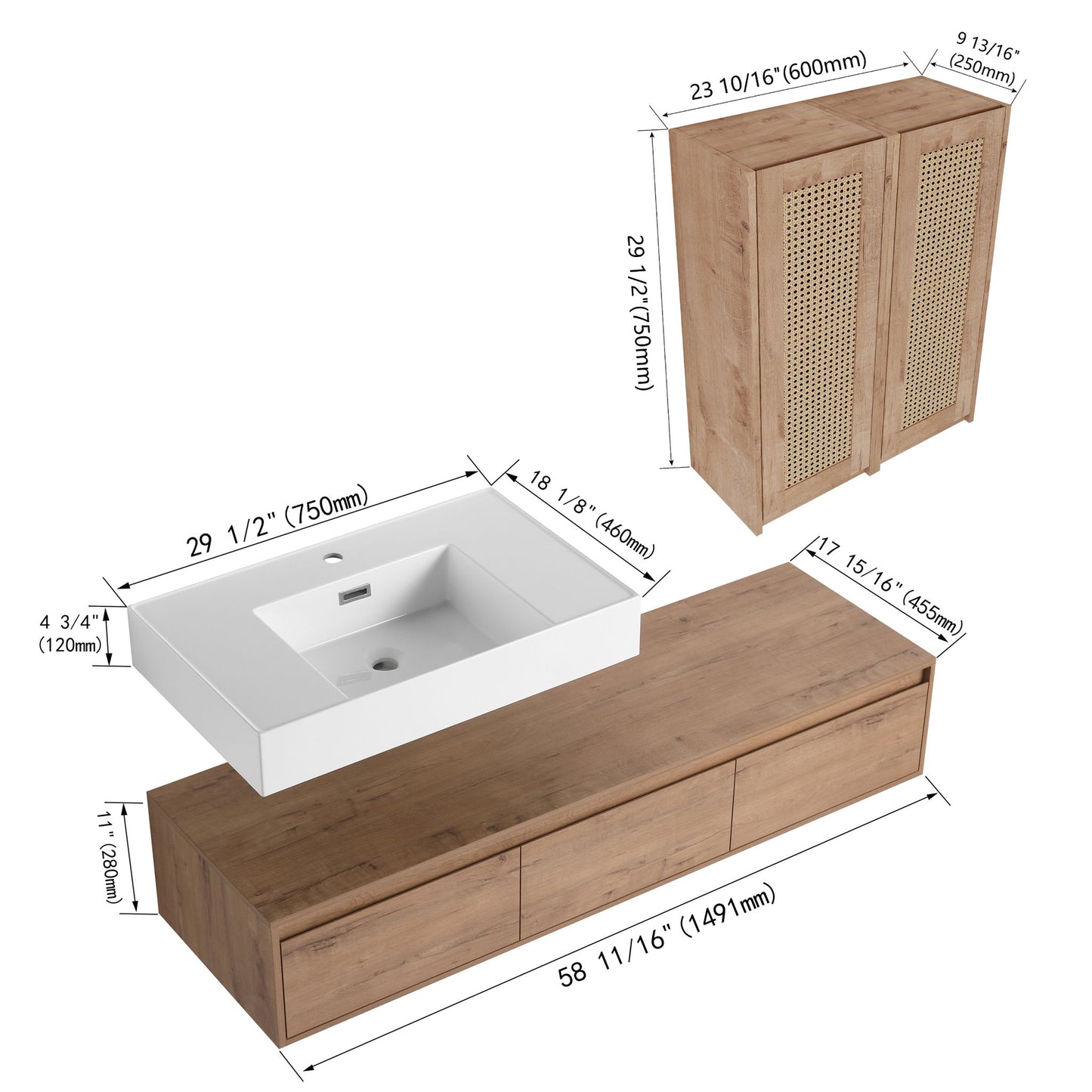 Modern Wall Mounted Bathroom Vanity With Resin Sink And 2 Side Cabinet, Construction - Imitative Oak
