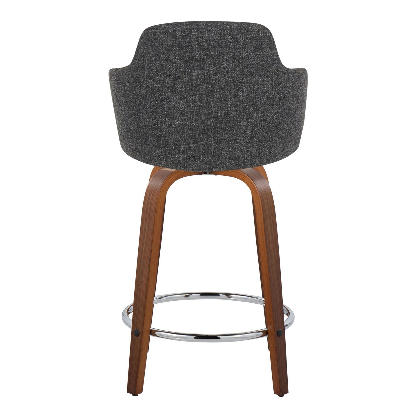 Fyralis - Set of 2 - 24" Fixed-Height Counter Stools in Dark Grey Noise Fabric with Walnut Wood Base and Chrome Footrest