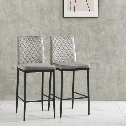 Hillshade - Set of 2 - 26" Light Gray Velvet Bar Stools with Metal Legs – Modern Kitchen & Dining Chairs, Ergonomic Design