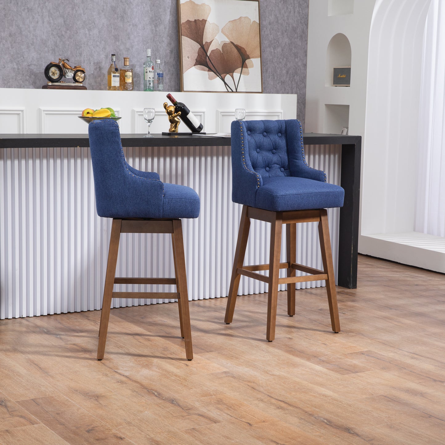 Morrithal - Set of 2 - 30" Navy Linen Counter Height Bar Stools with 360° Swivel, Footrest, Solid Wood Legs, and Retro Style for Kitchen or Dining Room