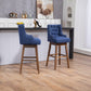 Hazelridge - Set of 2 - 30" Navy Linen Swivel Bar Stools with Solid Wood Legs, Counter Height Chairs with Footrest