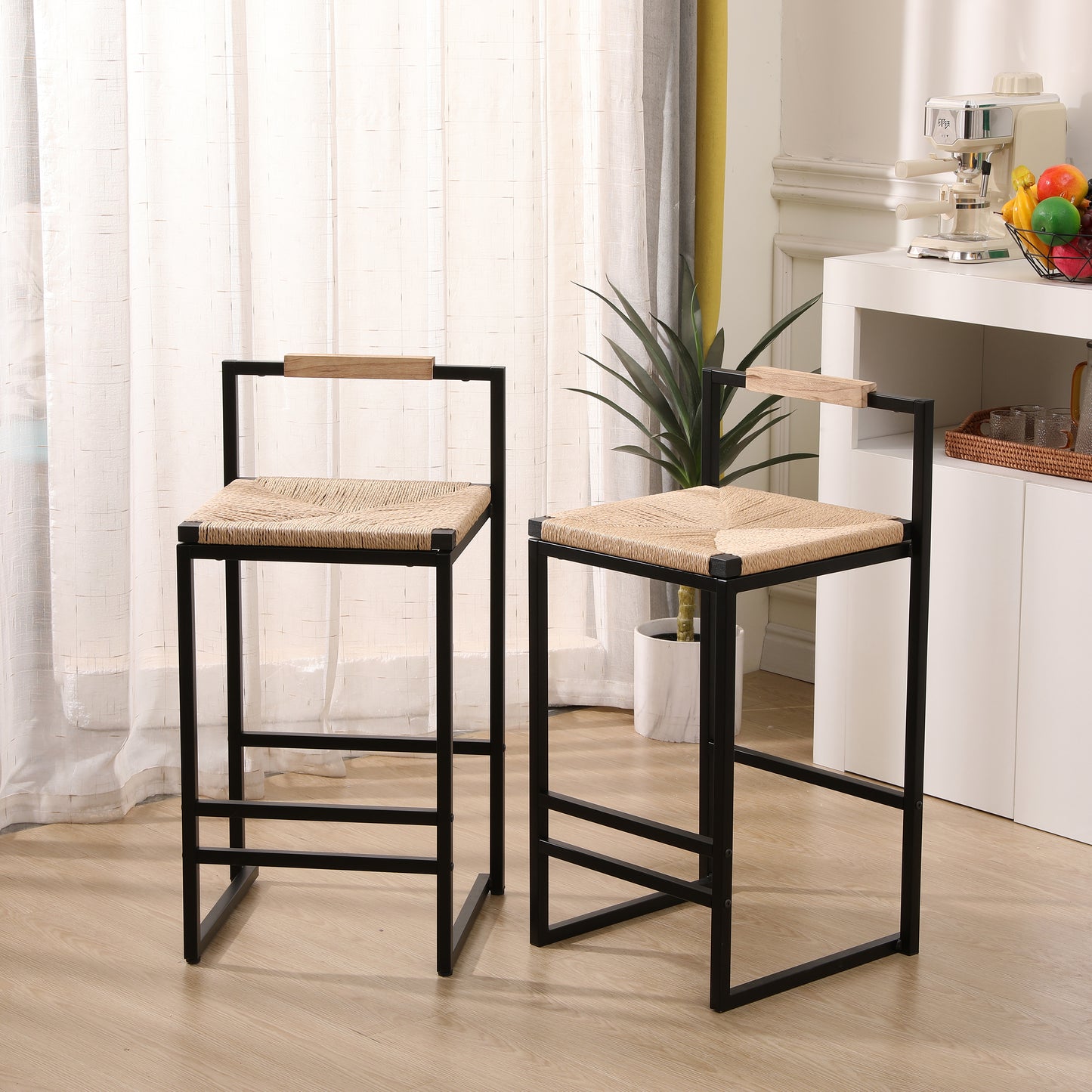 Lysynn - Set of 2 - 24" Natural Paper Rope Woven Counter Stools with Metal Frame & Backrest