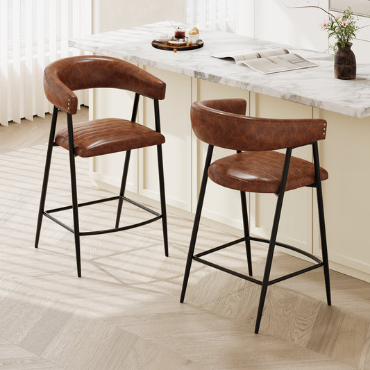 Launa - Set of 2 - 26" Brown PU Upholstered Counter Stools with Iron Frame, Backrest & Footrest for Kitchen, Bar, Home