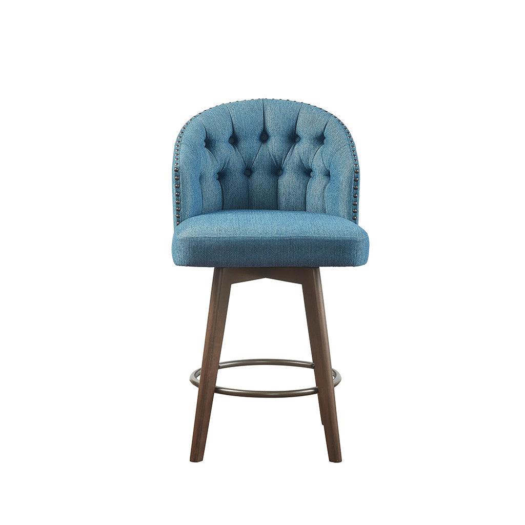 Halvoria – Set of  2- 26" Blue Upholstered 360° Swivel Counter Stool with Button