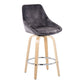 CieloVibe - Set of 2 - 24" Fixed-Height Counter Stools in Grey Velvet with Natural Wood Legs and Round Chrome Footrest