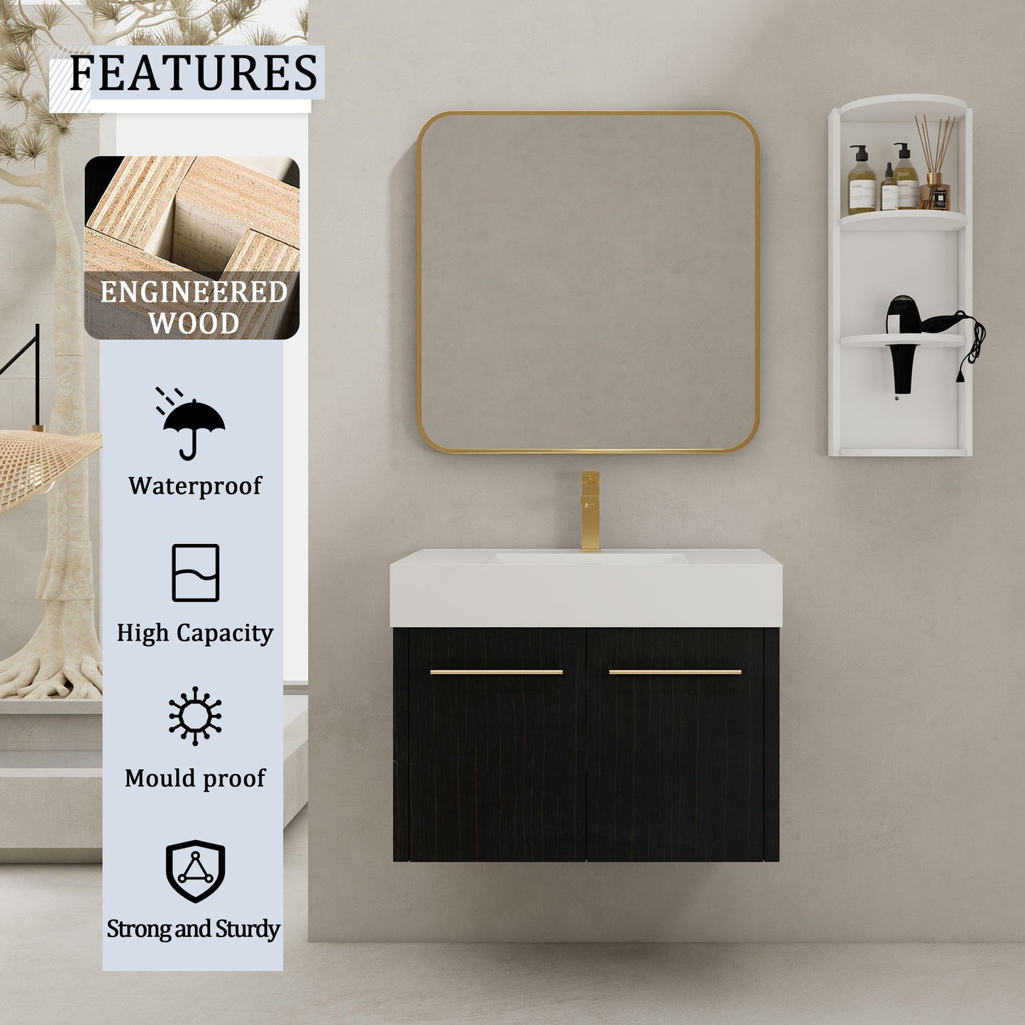 Modern Wall Mounted Bathroom Vanity With Left Sink And Storage Rack