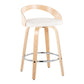 Glen - Set of 2 - 26" Natural Wood Contemporary Counter Stools with White Faux Leather, Swivel, and Chrome Footrest