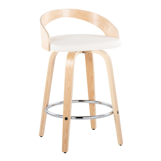 Glen - Set of 2 - 26" Natural Wood Contemporary Counter Stools with White Faux Leather, Swivel, and Chrome Footrest