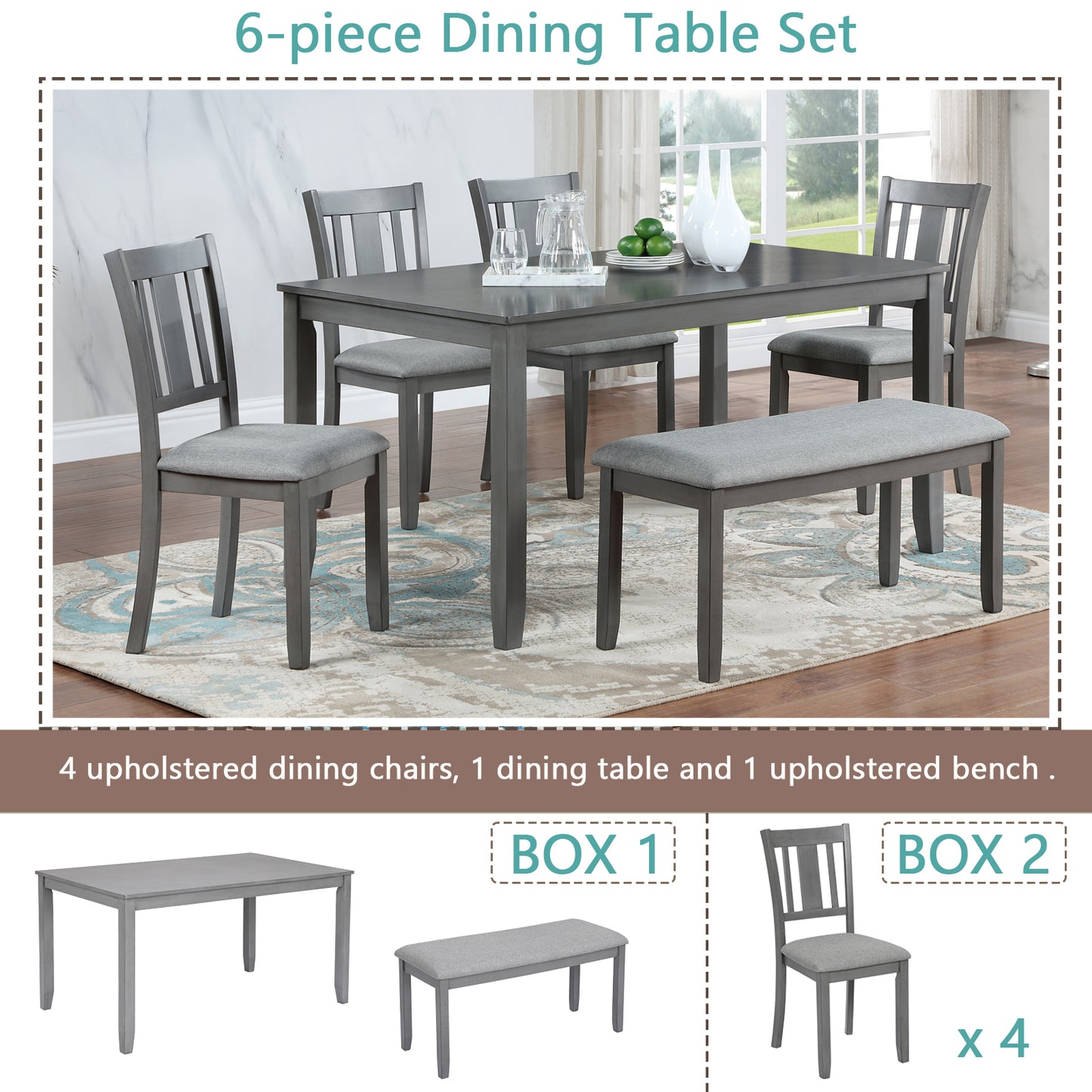 Valencia 6-Piece Dining Set - Gray - Includes Rectangular Table, 4 Upholstered Chairs, 19" and Bench - Acacia Wood, Seats 6