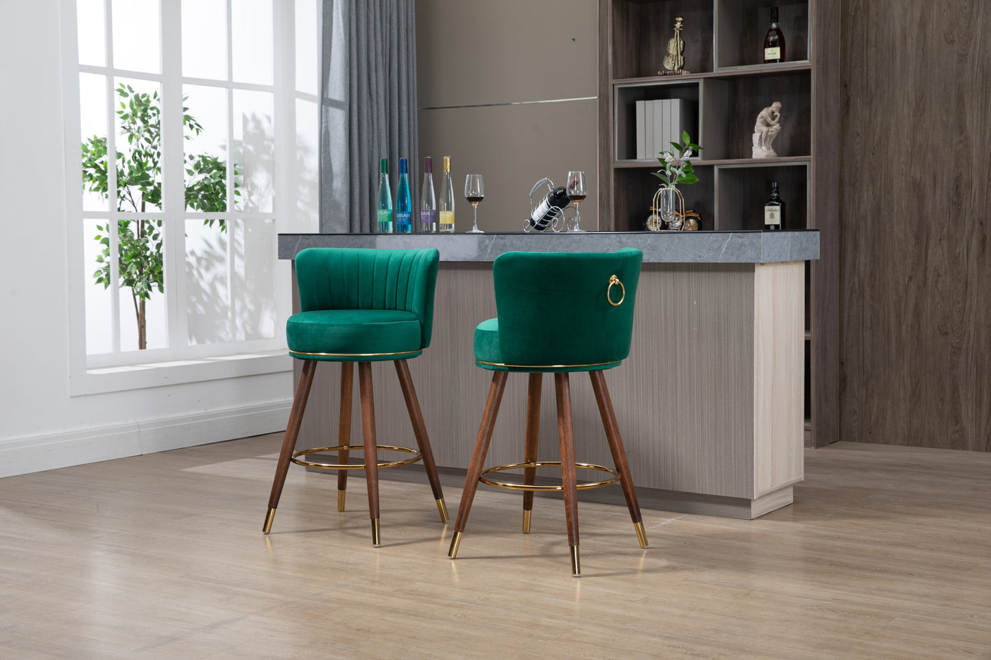 Monial - Set of 2 - 28" Emerald Swivel Bar Stools with Backrest, Footrest, and Solid Wood Legs