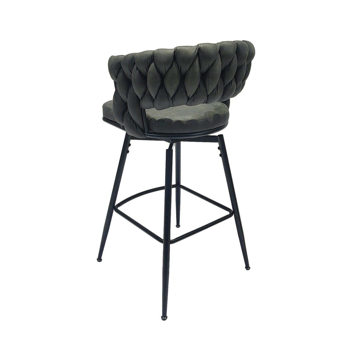 Gatsby - Set of 4 - 28" Tan Woven Leather Bar Stools with 360° Swivel Upholstered Counter Chairs, Back, and Black Metal Legs